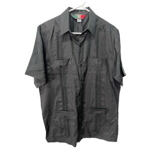 D'Accord Medium 100% Linen Black 4 Pocket Guayabera Cuban Cigar Shirt Vacation